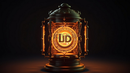 暗光 3D 渲染照亮的体积加密货币 USDC 灯笼