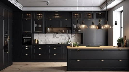时尚的黑色抽屉整体厨房家居室内 3D