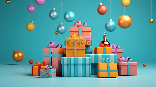 圣诞礼物玩具背景图片_3D 渲染横幅以快乐的新年和圣诞快乐的问候来庆祝节日