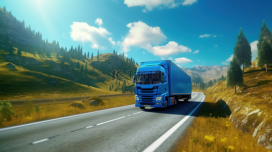 蓝色的卡车背景图片_一辆蓝色卡车驶过宁静的自然景观的 3D 渲染