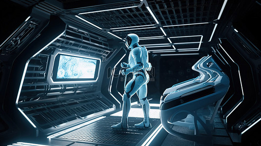 未来背景下宇航员在高科技跑步机上慢跑的数字插图
