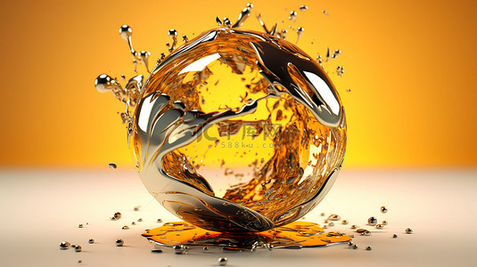 米色背景的 3D 渲染，带有抽象熔化的金色球体和玻璃球体
