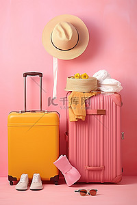 蓝衣服黄帽子背景图片_粉色旅行包帽子墨镜和气球装饰的行李箱