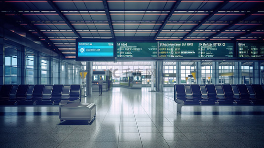 国际商务背景图片_公共汽车或火车站国际区带有国际出发标志的内部 3D 渲染