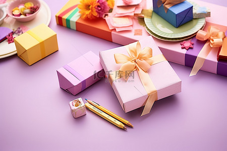 紫色桌上鲜艳的彩色纸盒和礼物