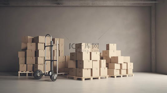 一送一背景图片_3d 渲染的白色仓库背景中的购物车和一堆纸板箱