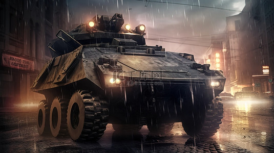 配备火箭和武器的装甲运兵车的战争城市背景的 3D 渲染和插图
