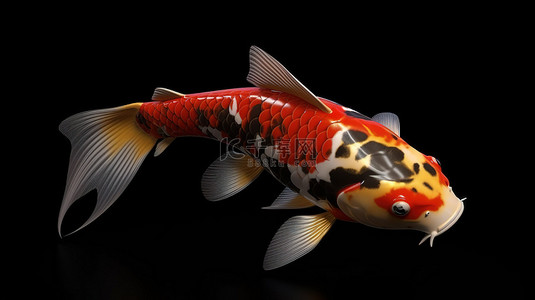 金池背景图片_3D 渲染锦鲤鱼的侧视图，具有鲜艳的红白和黑色图案