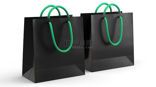 白色背景展示了带有绿色提手绳的黑色纸袋的 3D 模型