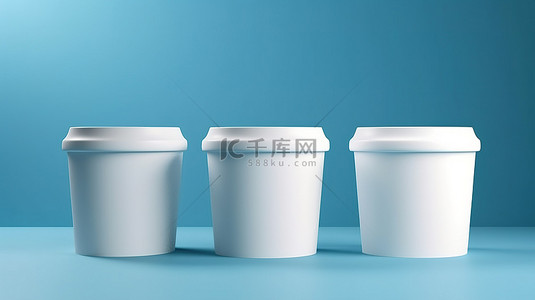 3D 渲染空白色容器，用于在充满活力的蓝色背景上放置冰淇淋酸奶和甜点