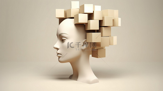 3D 插图描绘了一个女人的头，用一个立方体作为她的发型，一个概念图像