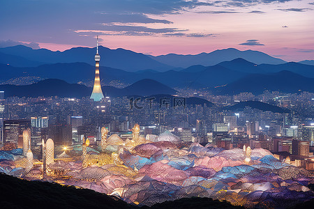 探店达人背景图片_首尔的天际线在夜间与山脉和塔楼