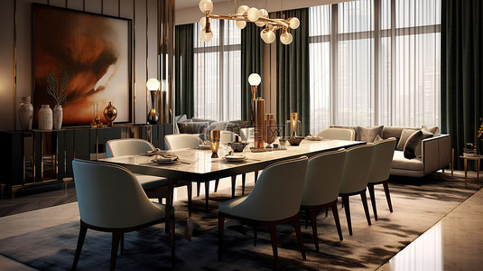 装饰华丽的起居和用餐空间，风格华丽，配有 3D 专业设计的豪华家具