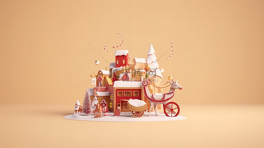可携带的钟背景图片_圣诞快乐产品展示圣诞老人雪橇 3d 渲染携带礼物