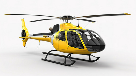 3D 插图白色背景，配有黑色和黄色的民用直升机