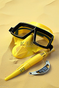 沙滩上的一套脚蹼和护目镜以及通气管
