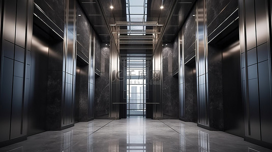 商务酒店现代 3D 渲染的豪华钢制电梯电梯大堂