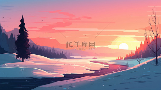 卡通短靴背景图片_雪地落日晚霞美丽插画背景