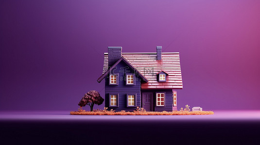 充满活力的紫色背景上的房屋的居家乐趣 3D 渲染