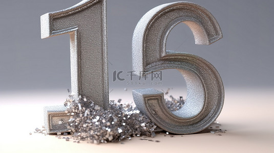 庆祝 15 号的闪闪发光的银色周年纪念横幅的 3D 渲染