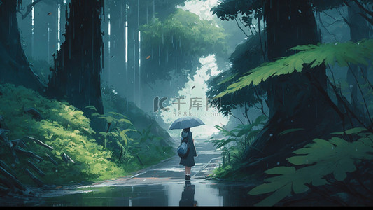 春天树林下雨插画背景