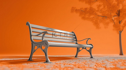 通过 3D 渲染在橙色背景下的单色公园长椅