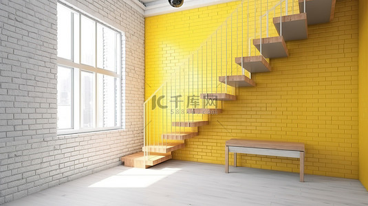 楼上的黄色和阁楼式 3D 渲染中的白色砖墙