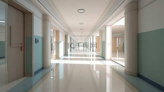 医院大厅背景图片_以 3D 呈现的当代医院学校酒店或办公室走廊的特写视图