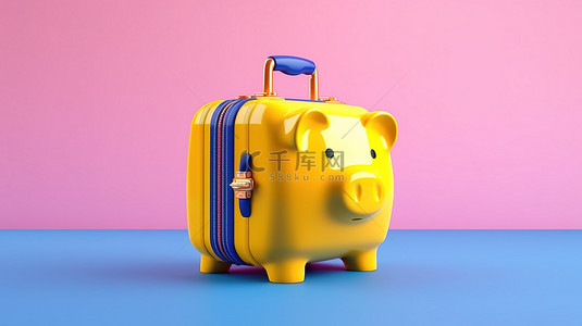 旅游黄色背景背景图片_粉红色存钱罐和蓝色手提箱在充满活力的黄色背景上的 3D 渲染