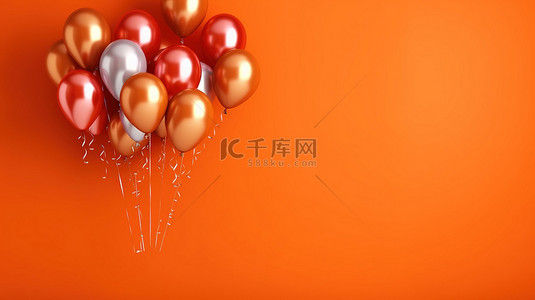 一堆橙色气球靠在红墙上，3D 渲染的水平横幅