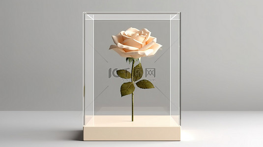 立体模型背景图片_米色玫瑰花装饰空白白色玻璃展示立方体模型 3D