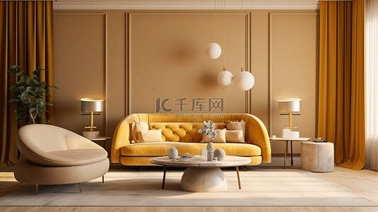 时尚的米色内饰，配有充满活力的黄色软垫家具和优雅的金色边桌 3D 渲染设计