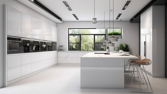 家具设计背景图片_设计精美的白色厨房，带 3D 渲染