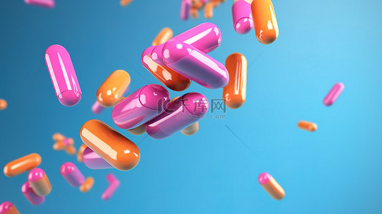 医疗治疗背景图片_蓝色和橙色医疗胶囊落在粉红色背景上的 3D 渲染