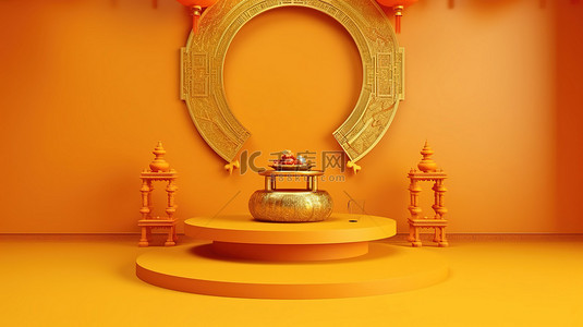黄色背景与中国新年空讲台在 3D 渲染