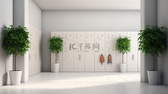 储物柜背景背景图片_充满活力的植物和时尚的储物柜装饰着简约的 3D 渲染空间