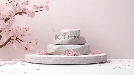 樱花插图背景图片_天然石材讲台的 3d 插图，白色背景上有柔和的灯光和樱花，非常适合品牌和产品展示