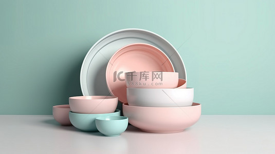 抽象极简主义碗堆背景的干净和现代 3D 渲染