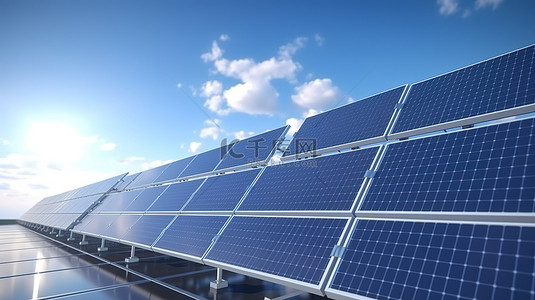 能源环保logo背景图片_蓝天下产生替代能源的 3D 渲染面板和模块中的太阳能技术