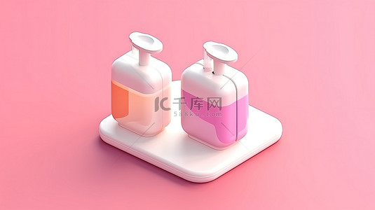 沐浴露粉色背景图片_平面白色和粉色家居用品 3D 图标，配有等距皂液器