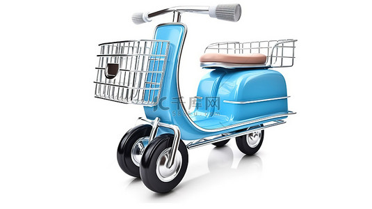 销售时点情报系统背景图片_白色背景购物车中蓝色复古复古或电动滑板车的 3D 渲染