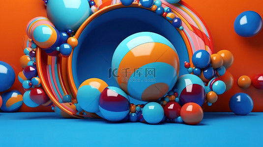 充满活力的圆形形式和蓝色背景上的球抽象插图 3D