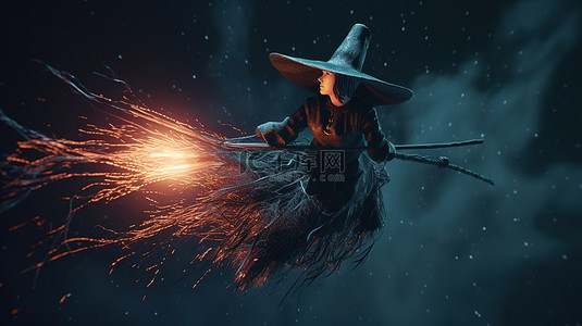 飞行帽背景图片_万圣节概念扫帚在 3d 中飞行的女巫