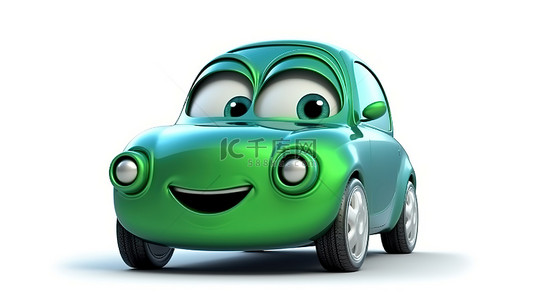 驾驶绿色汽车的角色的 3D 插图