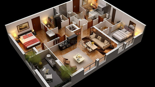房屋或公寓平面图的 3D 可视化