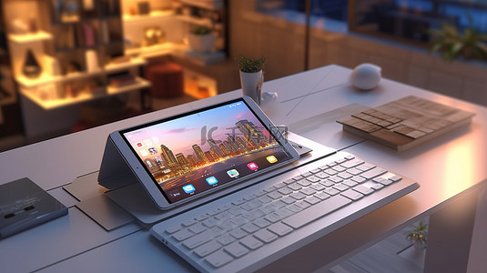 桌子键盘背景图片_带魔术键盘的现代家庭办公桌上便携式平板电脑的 3D 渲染