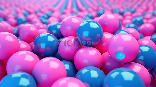 粉红色背景下彩色保龄球混乱的 3D 渲染
