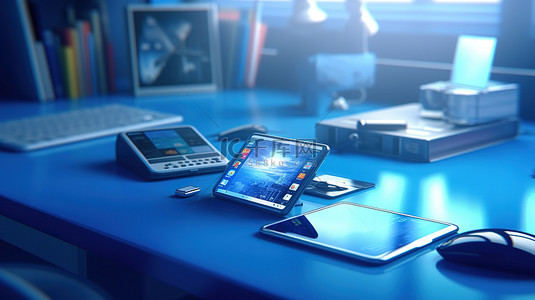 移动办公背景图片_蓝色办公桌的 3D 插图，配有手机和数字平板电脑