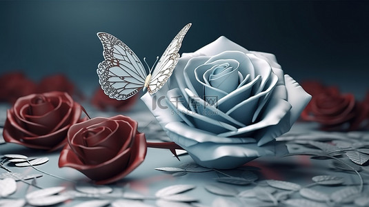 3d 简约抽象背景上的玫瑰花和蝴蝶装饰