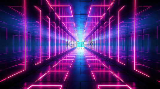 科技广场背景图片_穿过现代昏暗走廊的永无止境的旅程，远处有充满活力的霓虹灯广场 3D 渲染